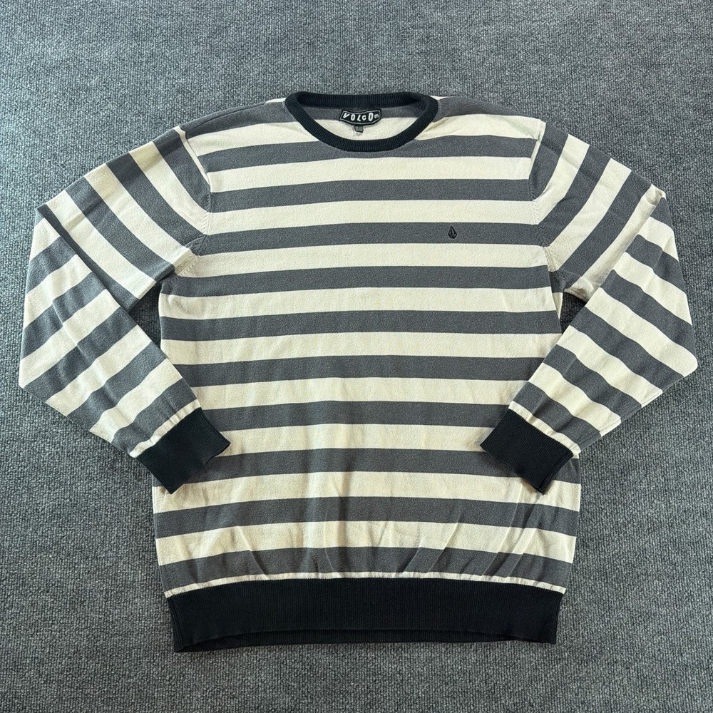 Volcom Othercircle Sweater Mens XXL Grey Cream Striped Cotton Crewneck Skater